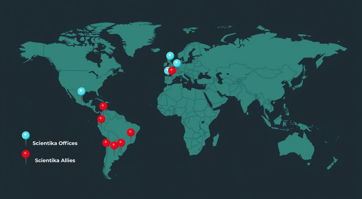 Mapa mundial de la red de Scientika: oficinas y aliados